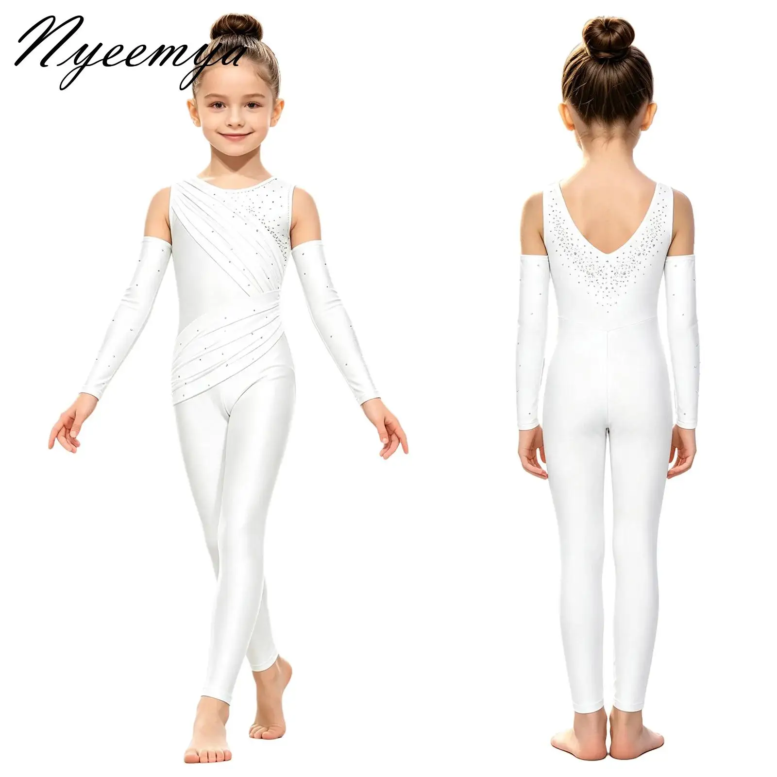 Girls Dance Ruched Mesh Overlay Unitard Jumpsuit Ballet Skate Gymnastics Full Body Leotard Rhinestones Bodysuit with Arm Sleeves