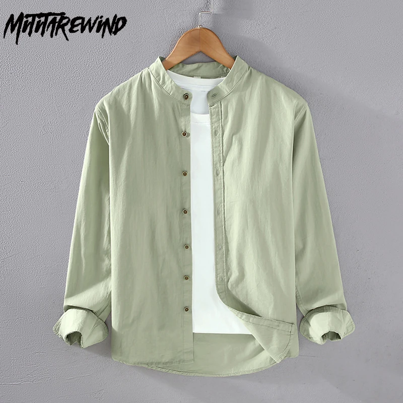 

Spring Long Sleeve Shirt Men Daily Casual Pure Cotton New in Shirts Stand Collar Light Green Shirt Japanese Fresh Shirt Youth