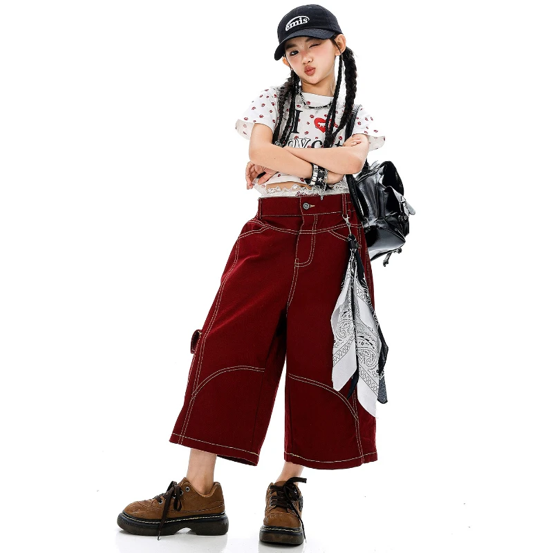 Summer Girls Crop Print T-Shirt Baggy Shorts Sets Fashion Hip Hop Outfits Modern Jazz Dance Costume Group Kpop Performance Wear