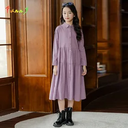 Ruffle Flowy Girls Dress Fall 2024 Casual Long Sleeve Button Down Cotton Maxi Shirt Dresses Loose Teen Girl Clothes Vestidos