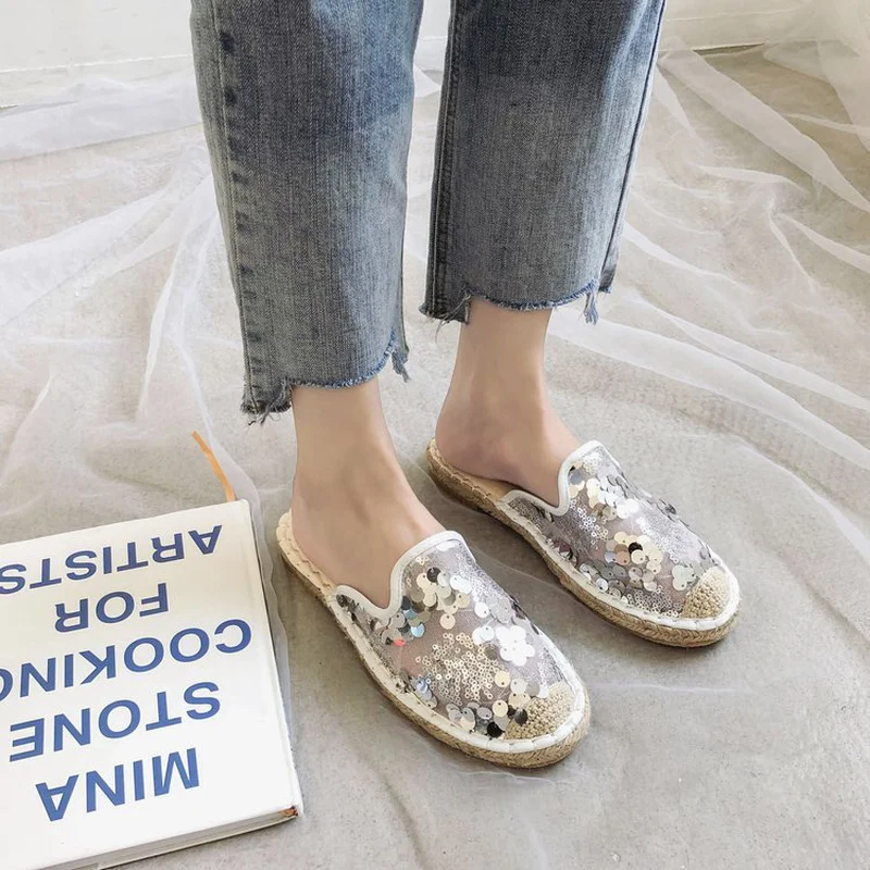 Women Mules Sandal Fashion Bling Mesh Slippers Women Comfort Low-heel Slides Slip on Casual Summer Slippers Slides Women