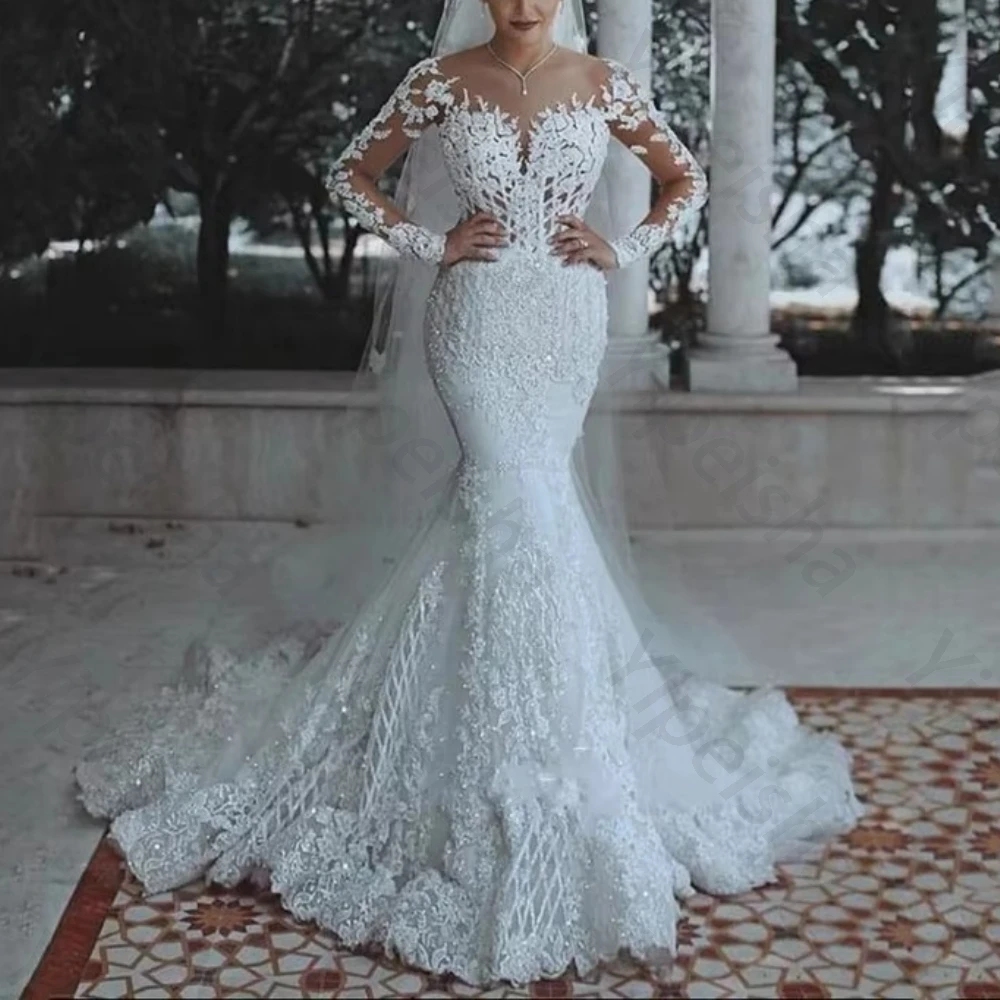 Customized High Quality Luxury Long Sleeve Mermaid Wedding Dresses Elegant Vestido Bridal Tulle Fish Tail Dress Prom Party Gowns