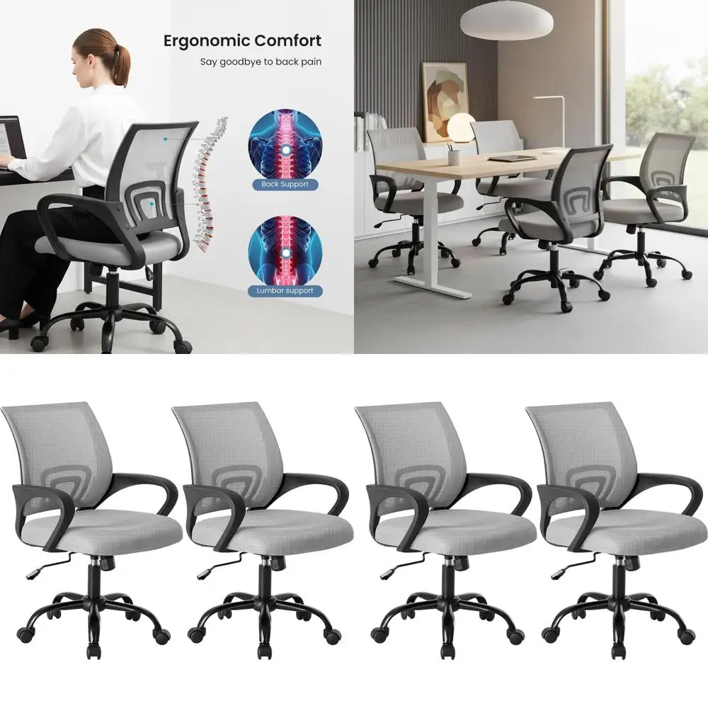 

Ergonomic Mid-Back Office Chair with Lumbar Support, Rocking, Adjustable Height, Fixed Armrests, Grey, 2-Pack