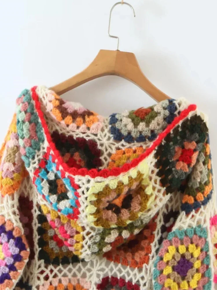 Ethnic Hand Crochet Hooded Cardigan with Plaid Flower Design - Beach Open Stitching Sweater