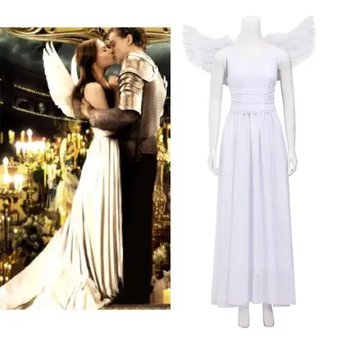 Movie Romeo And Juliet Cosplay Costume Women  White Dress with Wing  Halloween Carnival Party Outfits