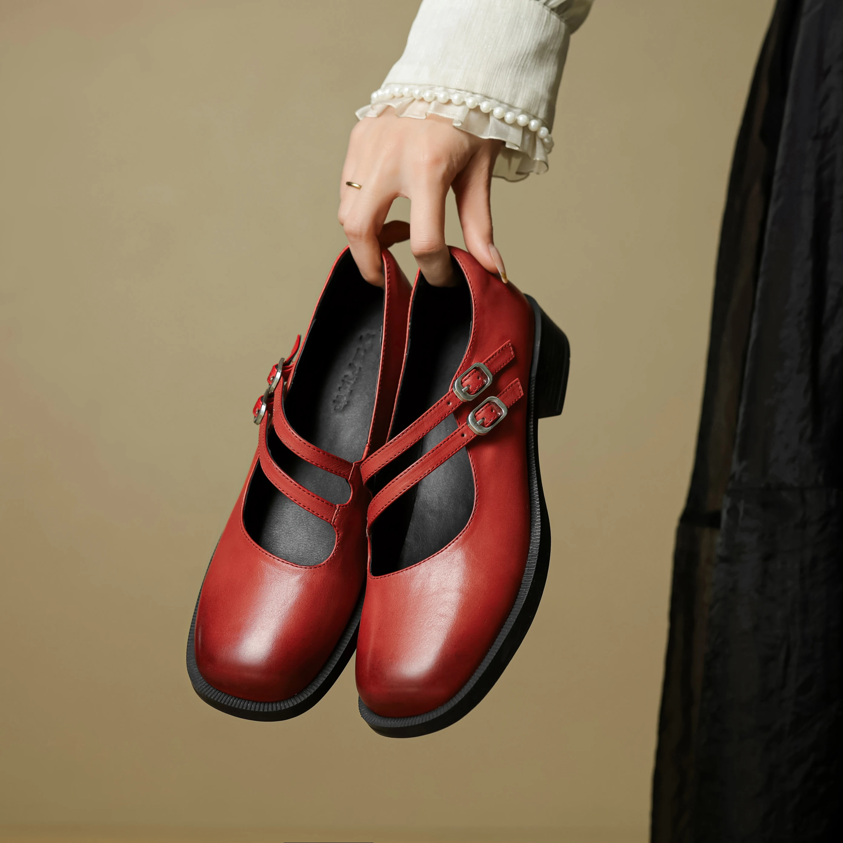 

Genuine Leather Cowhide Womens Mary Janes Shoes Round Toe Work High Heels Fashion Casual Buckle Strap Womens Shoes