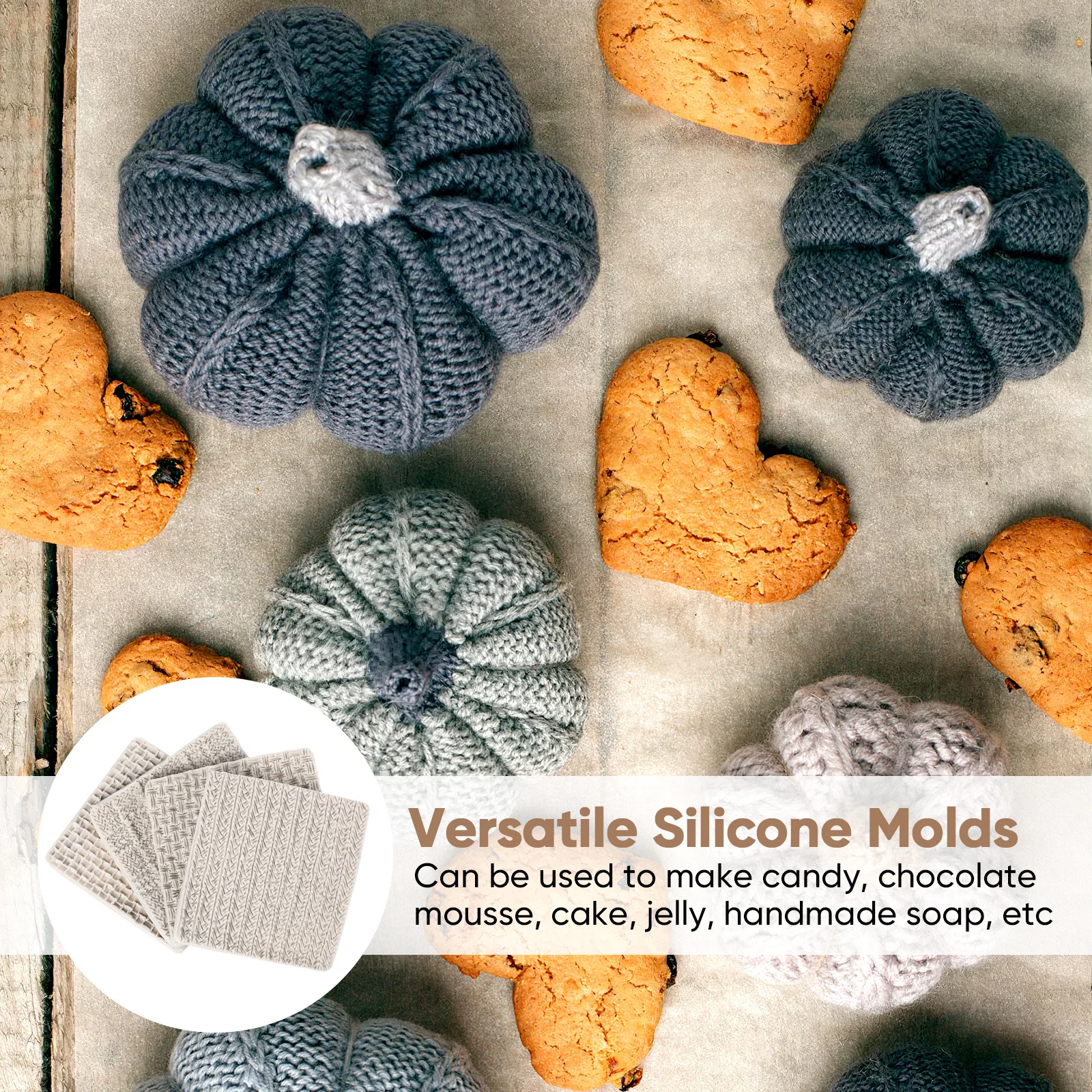

4Pcs Reusable Silicone Fondant Mold Knit Design Non-Stick Cake Chocolate Mold Oven Safe Baking Kitchen Tools Grey
