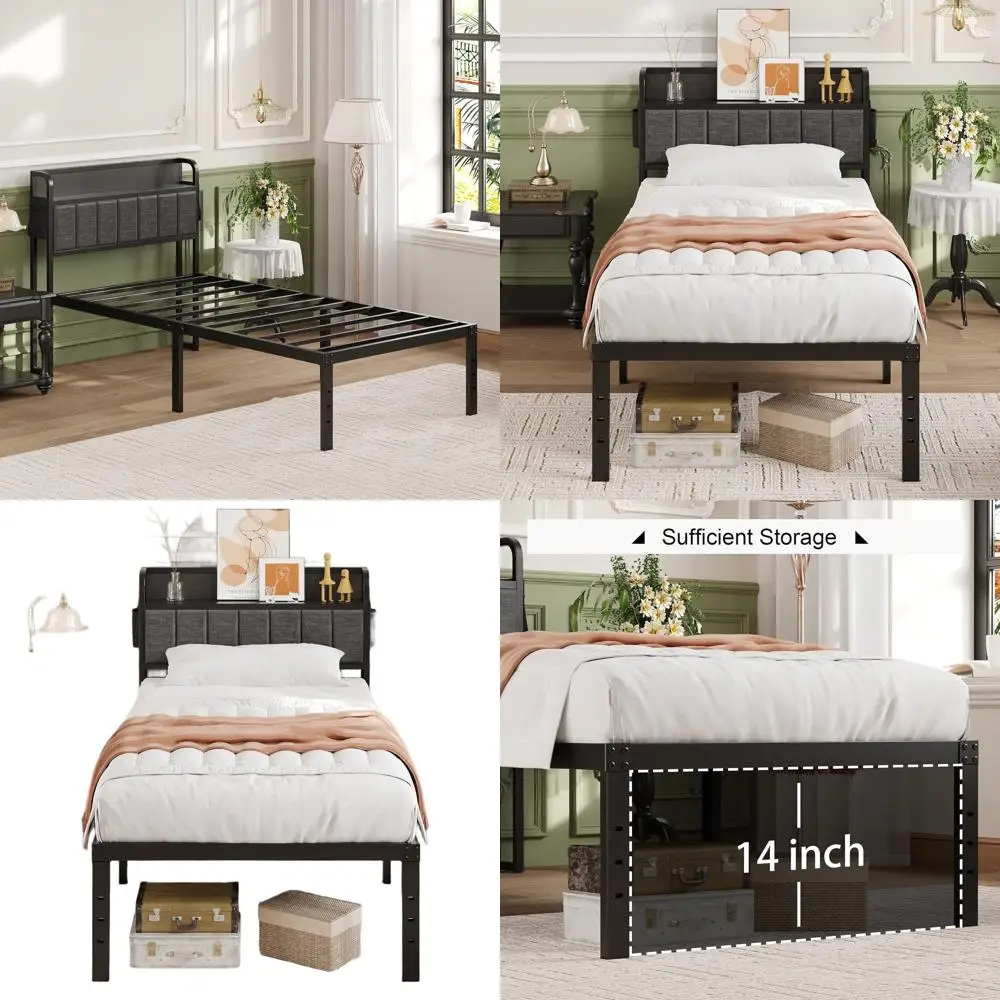 

Серый сверхпрочный каркас двуспальной кровати с мягким изголовьем для хранения вещей, коробчатая пружина не требуется, простая сборка, бесшумный