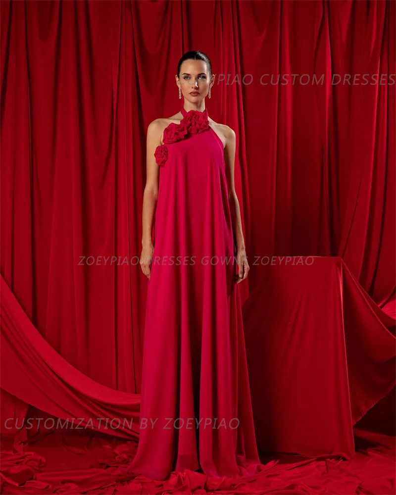 Vestidos de Fiesta de flores de línea A Halter rojo, exquisito vestido de gasa plegable para celebridades, vestido de noche para ocasiones formales