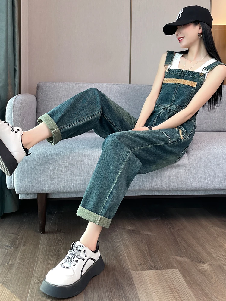 

Джинсовые комбинезоны в стиле ретро, женские весенне-осенние свободные брюки с высокой талией для похудения, молодежная рабочая одежда, цельные брюки