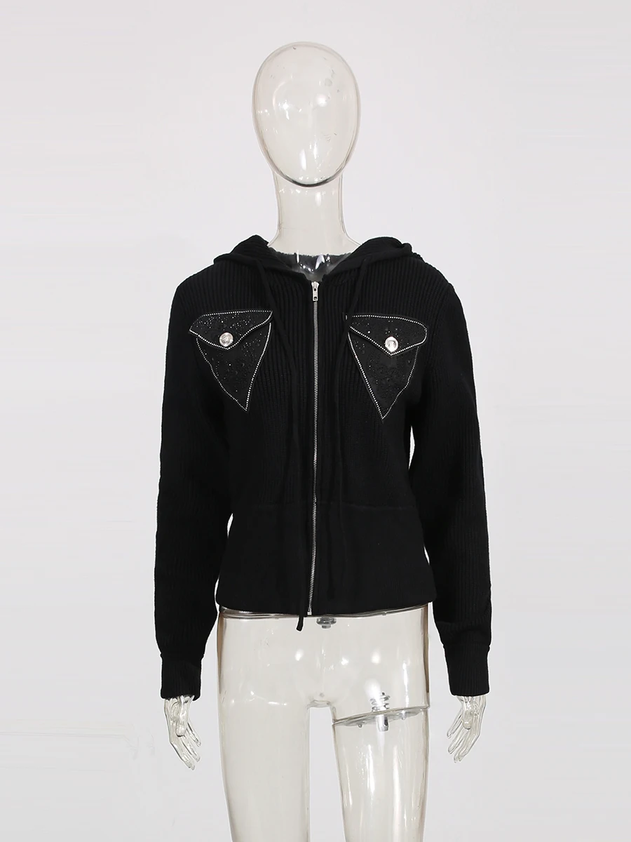 ROMISS الصلبة فضفاضة تقسم سستة البلوزات الموضة للنساء الخامس الرقبة طويلة الأكمام المرقعة جيوب سترة الملابس النسائية #3