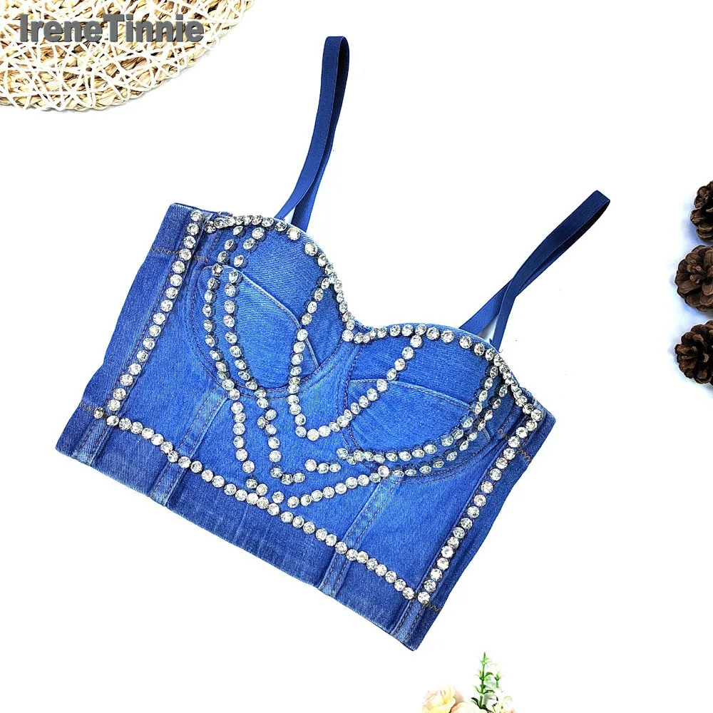 IRENE TINNIE Rock Punk stud Cropped Bustier Summer Crop Top Women Sexy Denim Tops Night Club Party Corset Bras Y2k топ женский