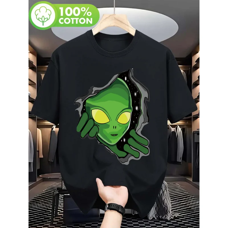 Men's green alien print T-shirt - eye-catching alien design, slim-fit round neck casual short sleeve, perfect for streetwear