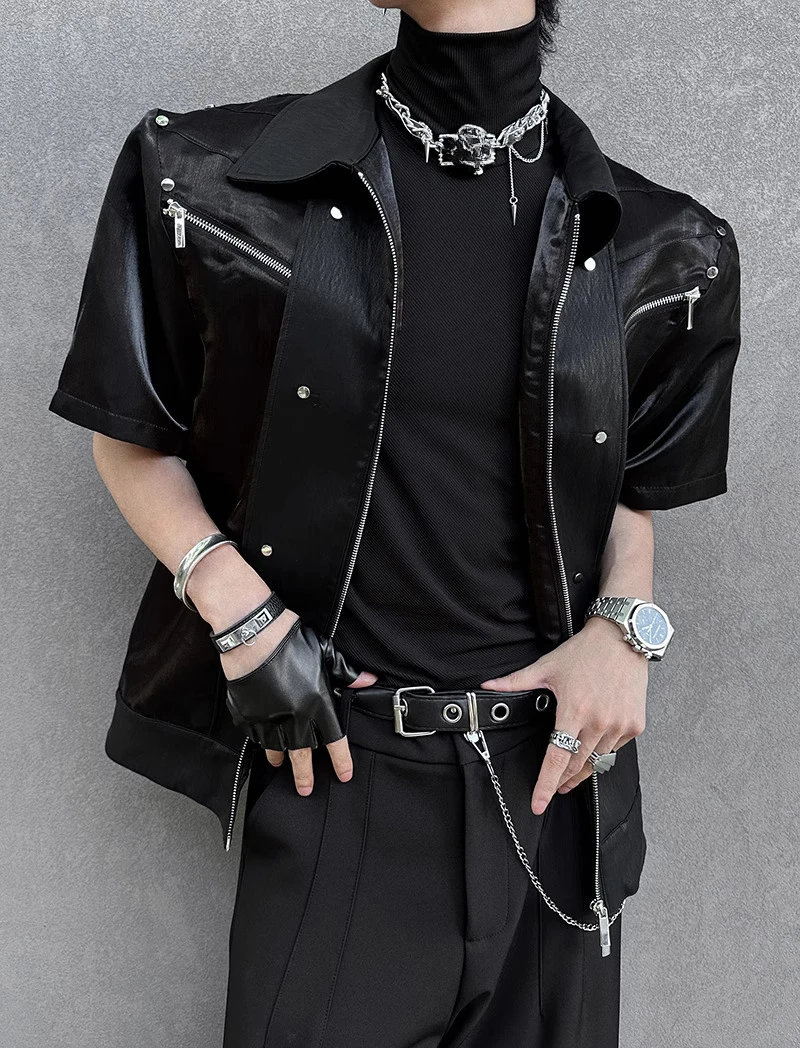 Trendy Jackets Men's 2025 Summer New Multi Zipper Decoration Jackets Men's High Street Fashion Handsome Lapel Short Sleeve Tops