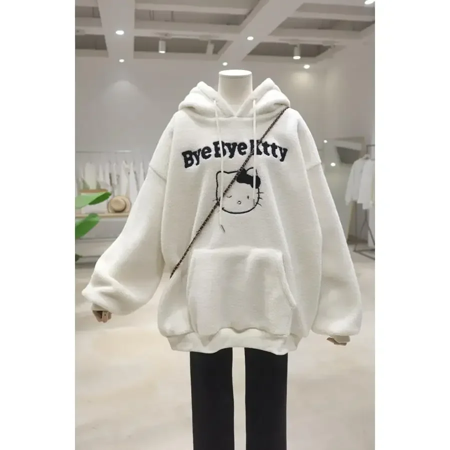 Thick and Fleece Warm Cartoon Cat Sweatshirt 2024 Autumn and Winter Loose Versatile Hooded Pullover Lamb Wool Hoodies Women