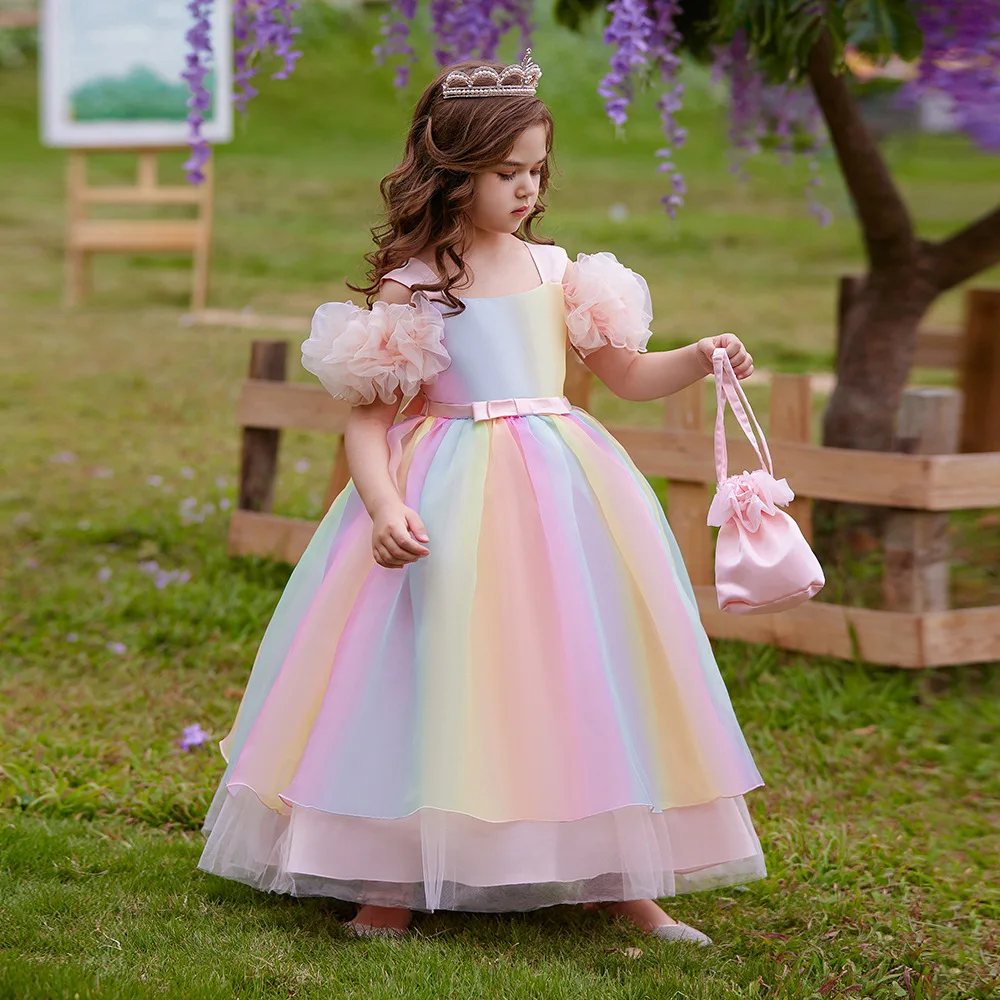 New girls' dress off-shoulder colorful gradient sweet rainbow snow princess dress