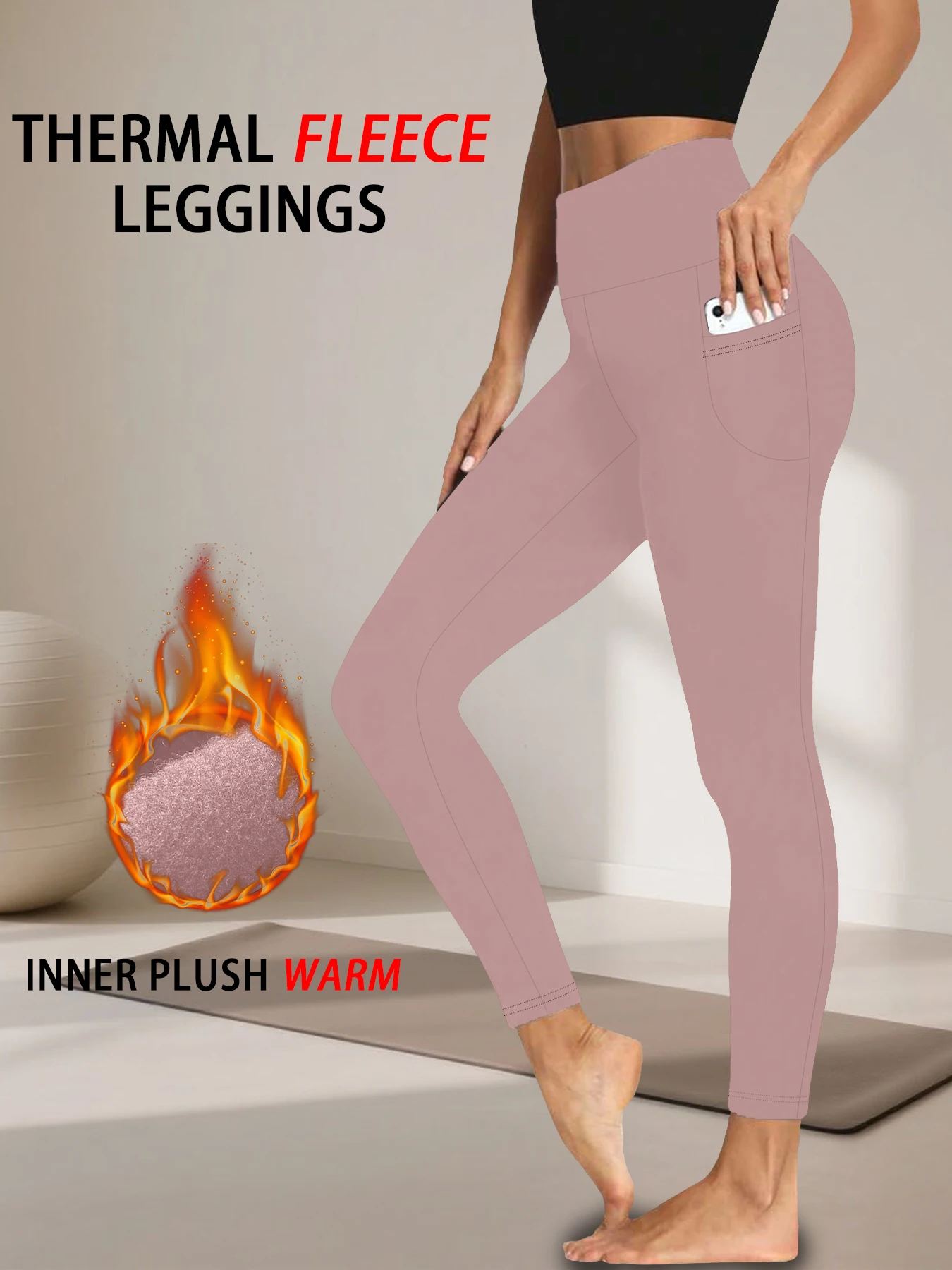 

Women's Thermal Leggings with Pockets, High Waisted Tummy Control Workout Winter Warm Thick Tights Pants for Cold Weather
