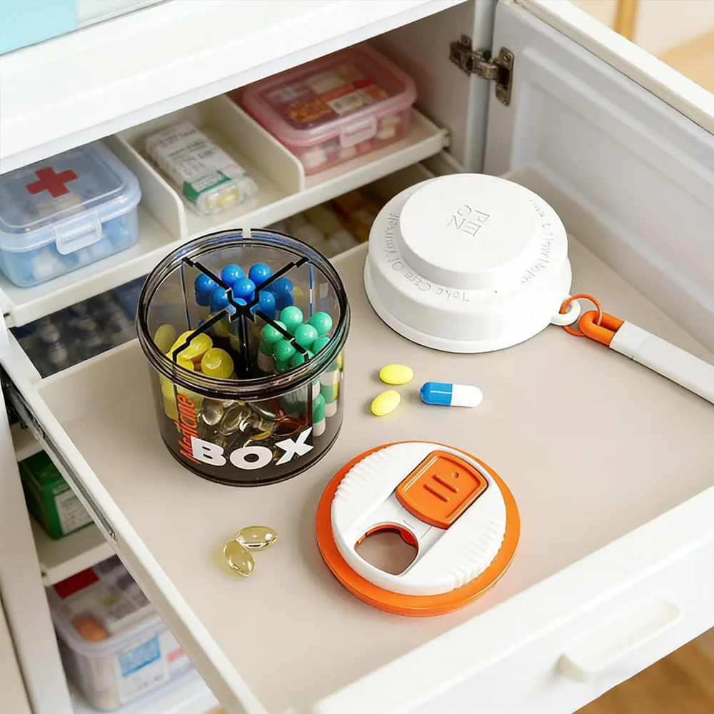 4 Compartments Round Pill Storage Box with Lid Portable Medicine Organizer for Home Office image 4