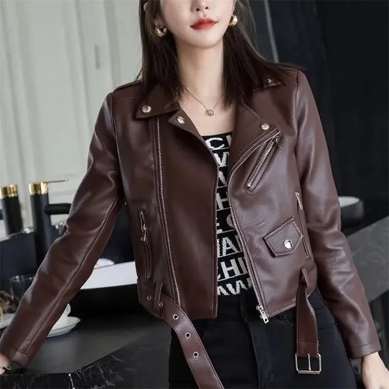 Neue Damen schlanke kurze Lederjacke plus Baumwolle hohe Taille Langarm Revers diagonal Reißverschluss Lederjacke PU Motorradanzug