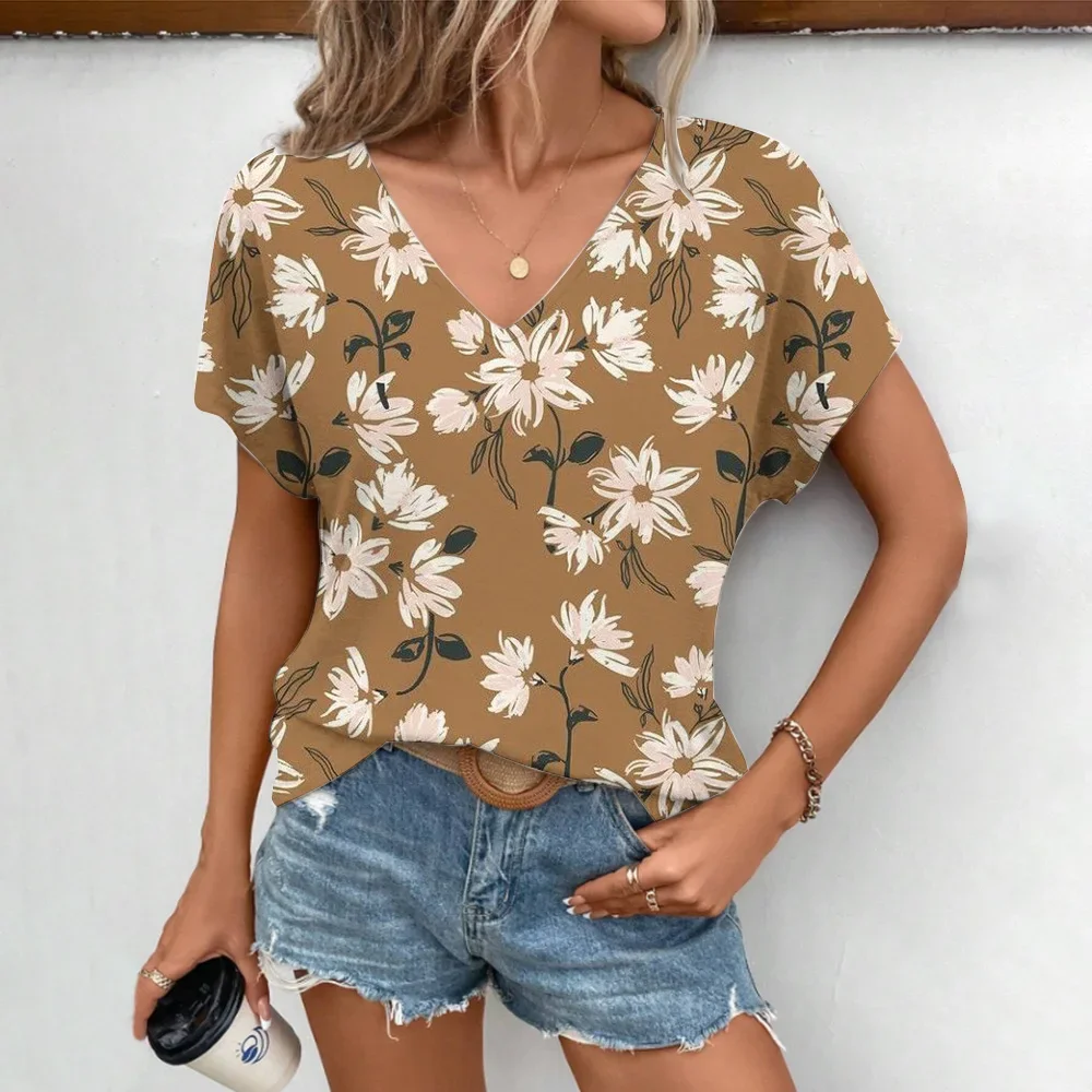 

Женская легкая футболка с цветочным принтом, V-образным вырезом и коротким рукавом