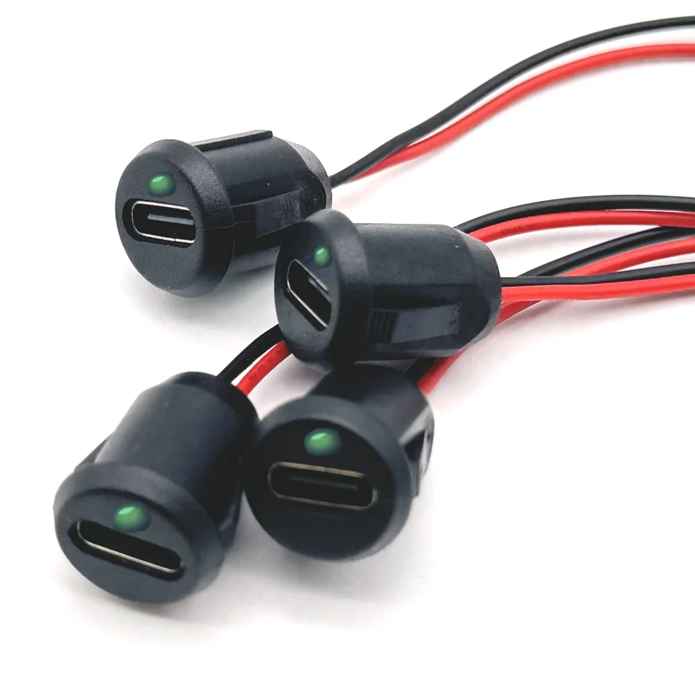 2pin With LED lights 24Awg USB Type C Direct compression Charging Socket Plate Waterproof USB-C Power Port Female Connector Jack