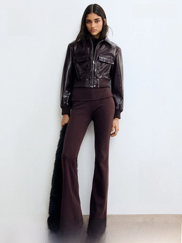 

Весенние женские расклешенные вязаные брюки с высокой талией, повседневные, из смесовой ткани хлопка и полиэстера, модные, H&M 320447