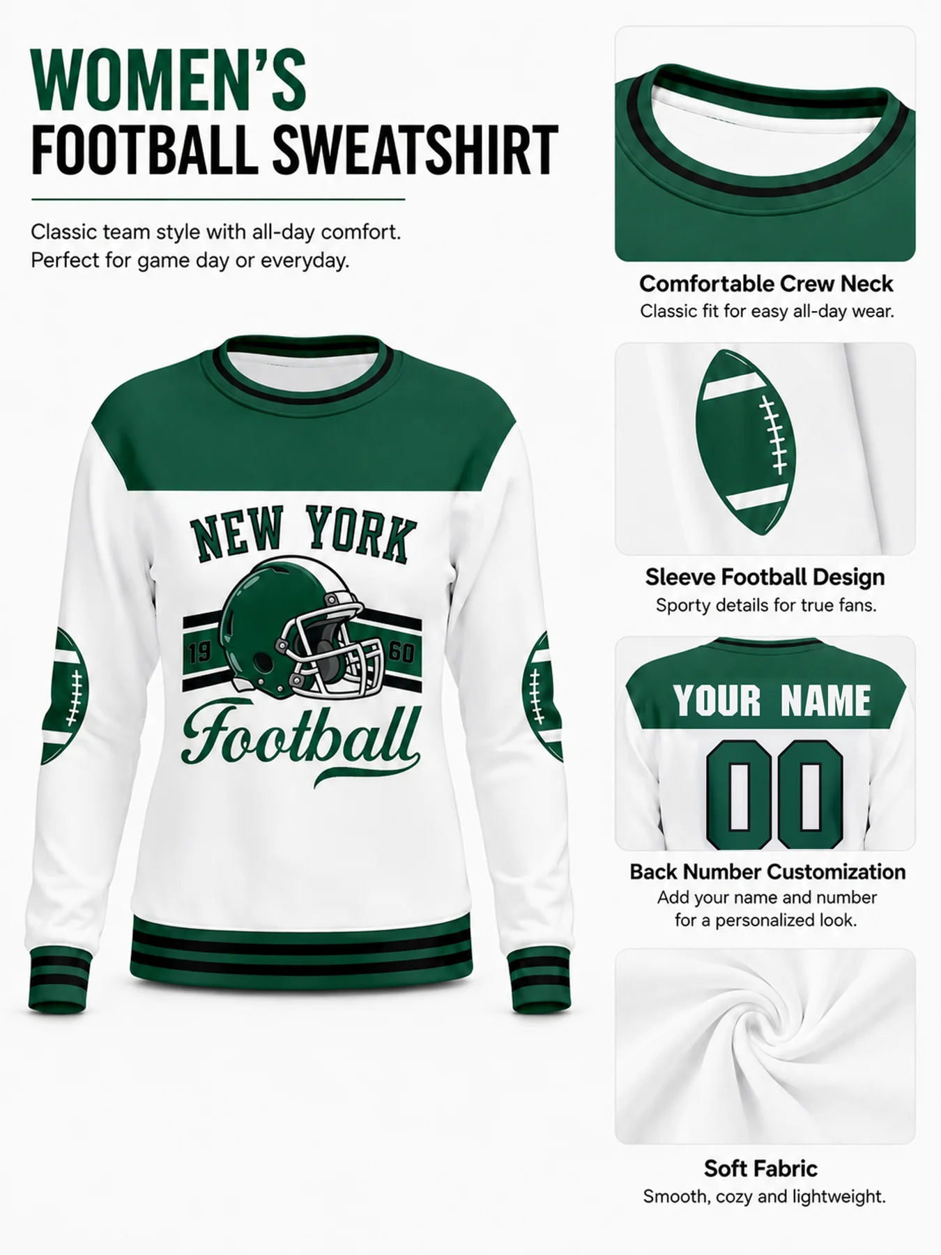 Personalized New York City Sweatshirt, Custom Women Football Hoodie with Name Number Logo, Football Mom Crewneck Sweatshirt