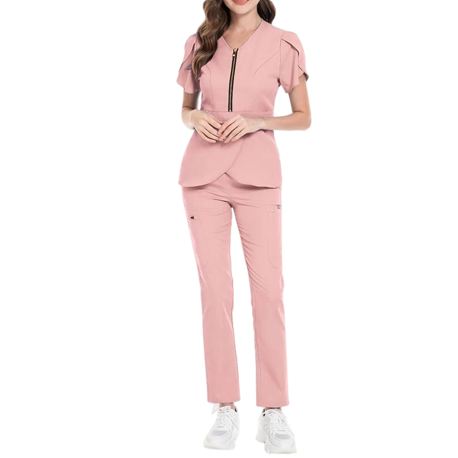 Ladies' Comfortable And Casual Short Sleeved and Pants Protective Suit Set Solid Color Hospital Uniform Set Fashion Frosted Suit