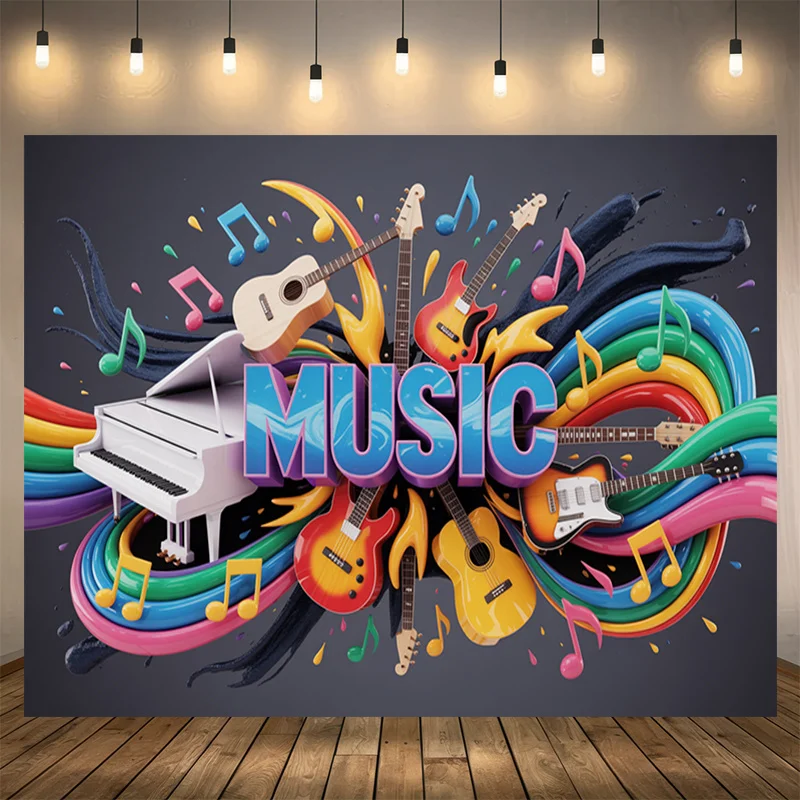 Une bannière de fête, une magnifique décoration de fond avec des instruments de musique et des notes musicales, yzb