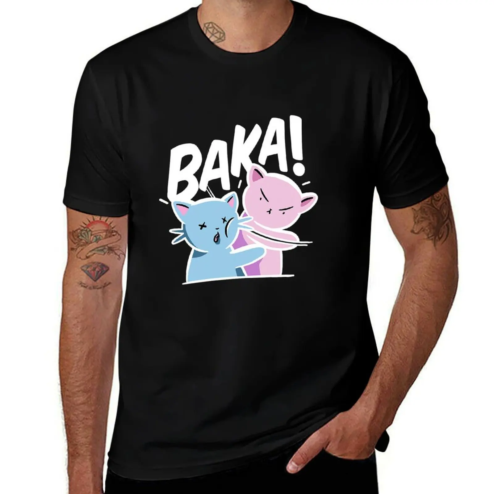 Baka Anime Cat Slap Baka Japanese Cat T-Shirt Vintage Print Crew Neck Tee