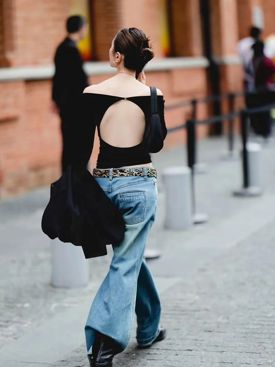 

Spring Thin Wool Lyocell Long Sleeve T-Shirt Sexy Backless Base Shirt Women Street Style Slim Fit Autumn Fashion Ladies Top