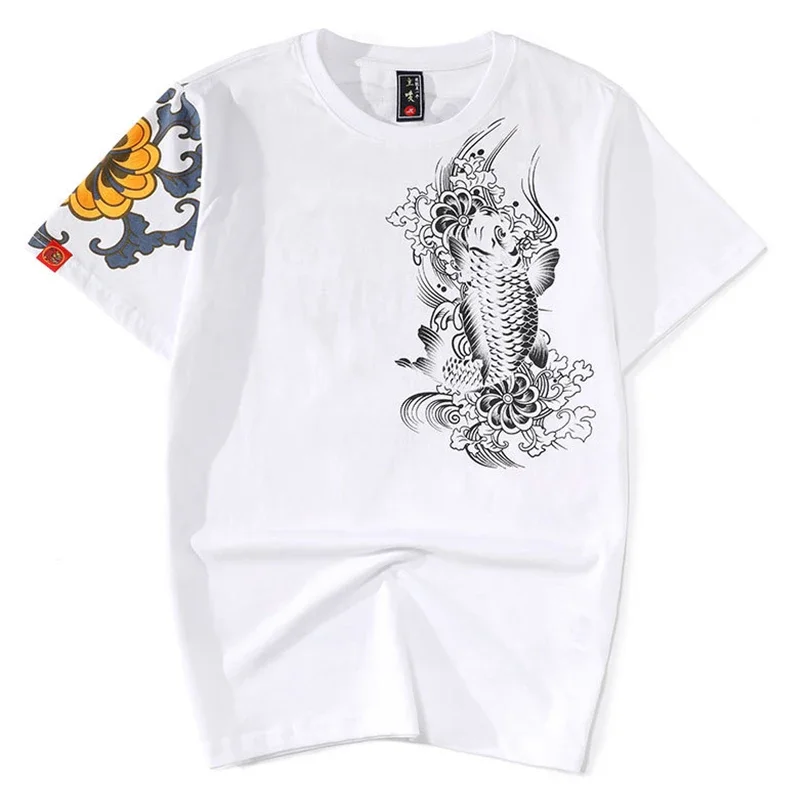 Lyprerazy Chinese Style T Shirt Wave Flower Carp fish Dragon Embroidery Tops Tees Streetwear Cotton Hip Hop Print T-Shirt