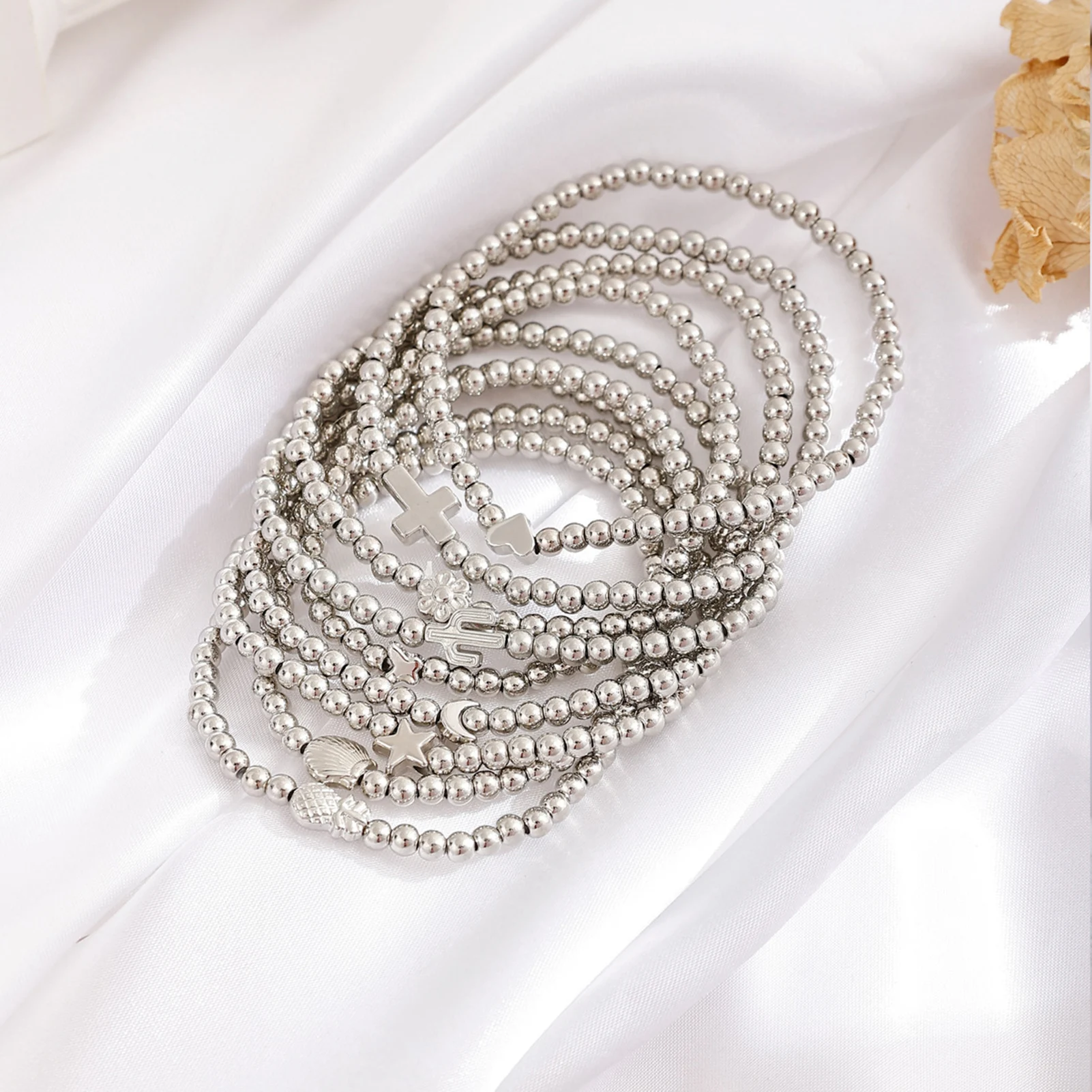 Women Beaded Cross Bracelet With Flower Design Lightweight Alloy Adjustable Length For Daily Fashion