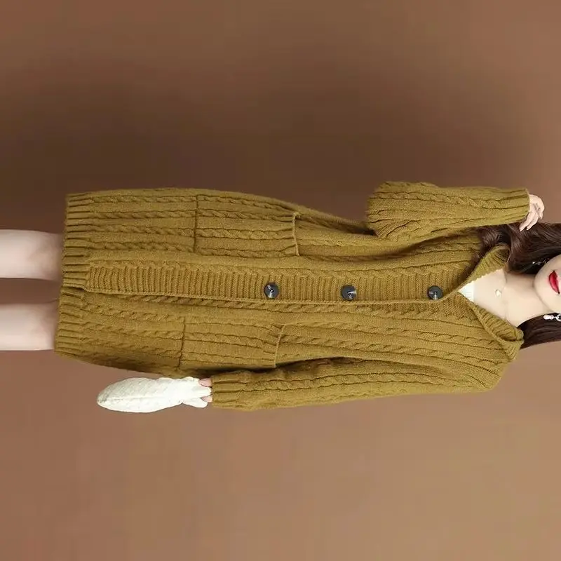 

Autumn Winter Mom's New Woolen Coat Women's Long sleeved Cardigan Hooded Thickened Over Hip Loose Medium Length Sweater Beige