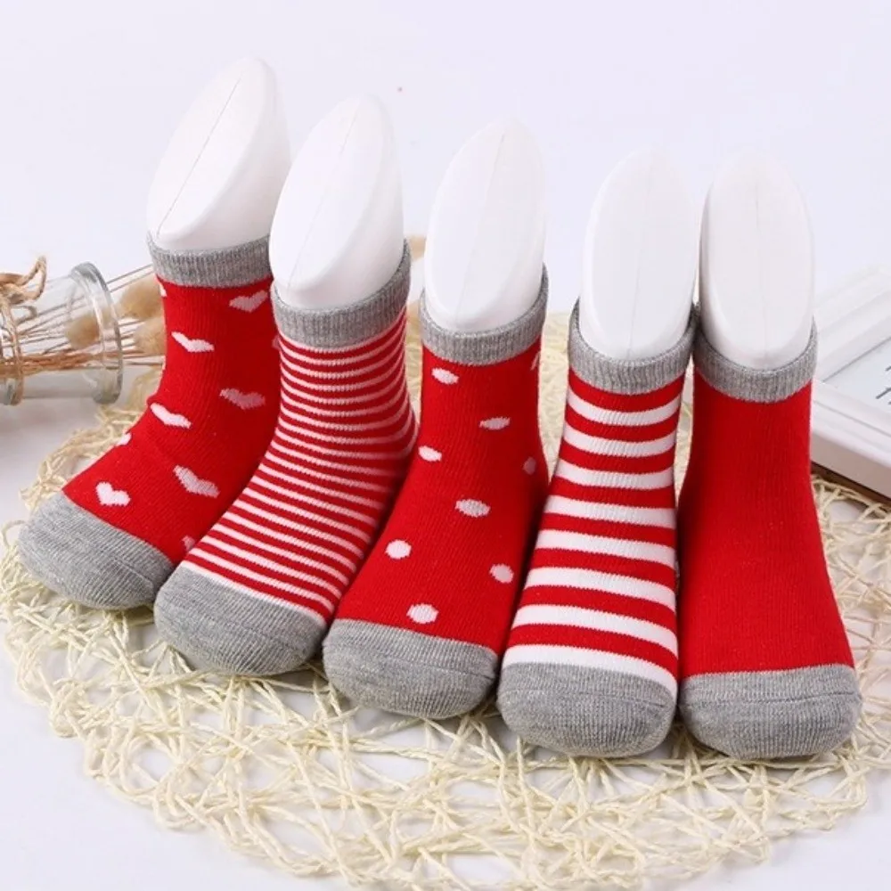 5 Pairs Classic Soft Cotton Toddler Socks Autumn Winter Strips Spots Mid-calf Socks Breathable Girls Boys Socks for 0-5 Years
