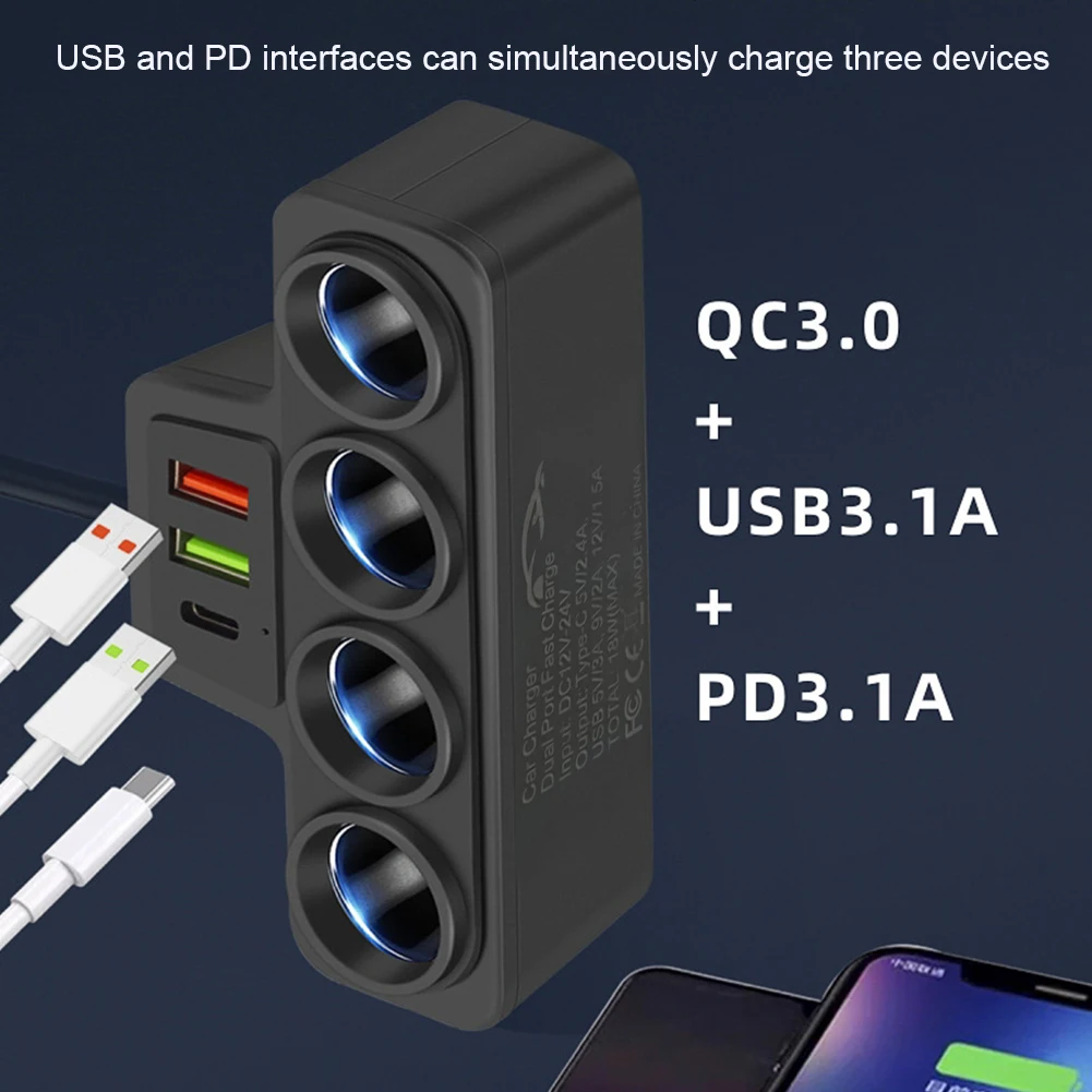 سيارة شاحن يو اس بي QC3.0 + PD 3.1A 3 منافذ USB سيارة ولاعة السجائر الفاصل 4-مقبس 18 واط سيارة ولاعة السجائر المقبس الفاصل التوصيل #4