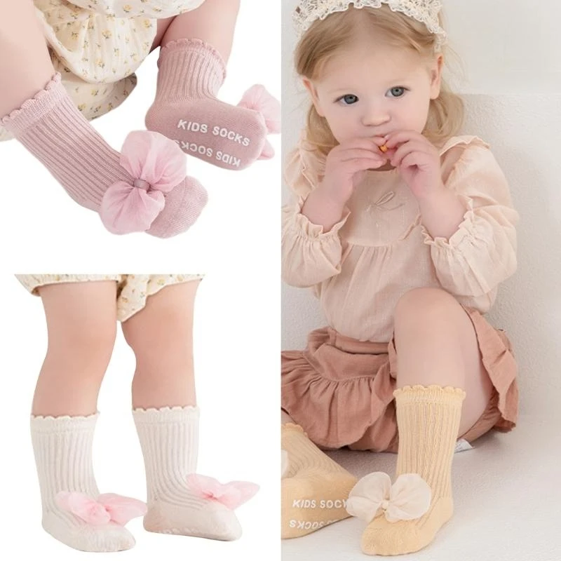 

Pair Kids Socks In Breathable & Stylish Socks with Lace Bowknot simple Stitching Socks Breathable for Ages 1 to 5 24BE