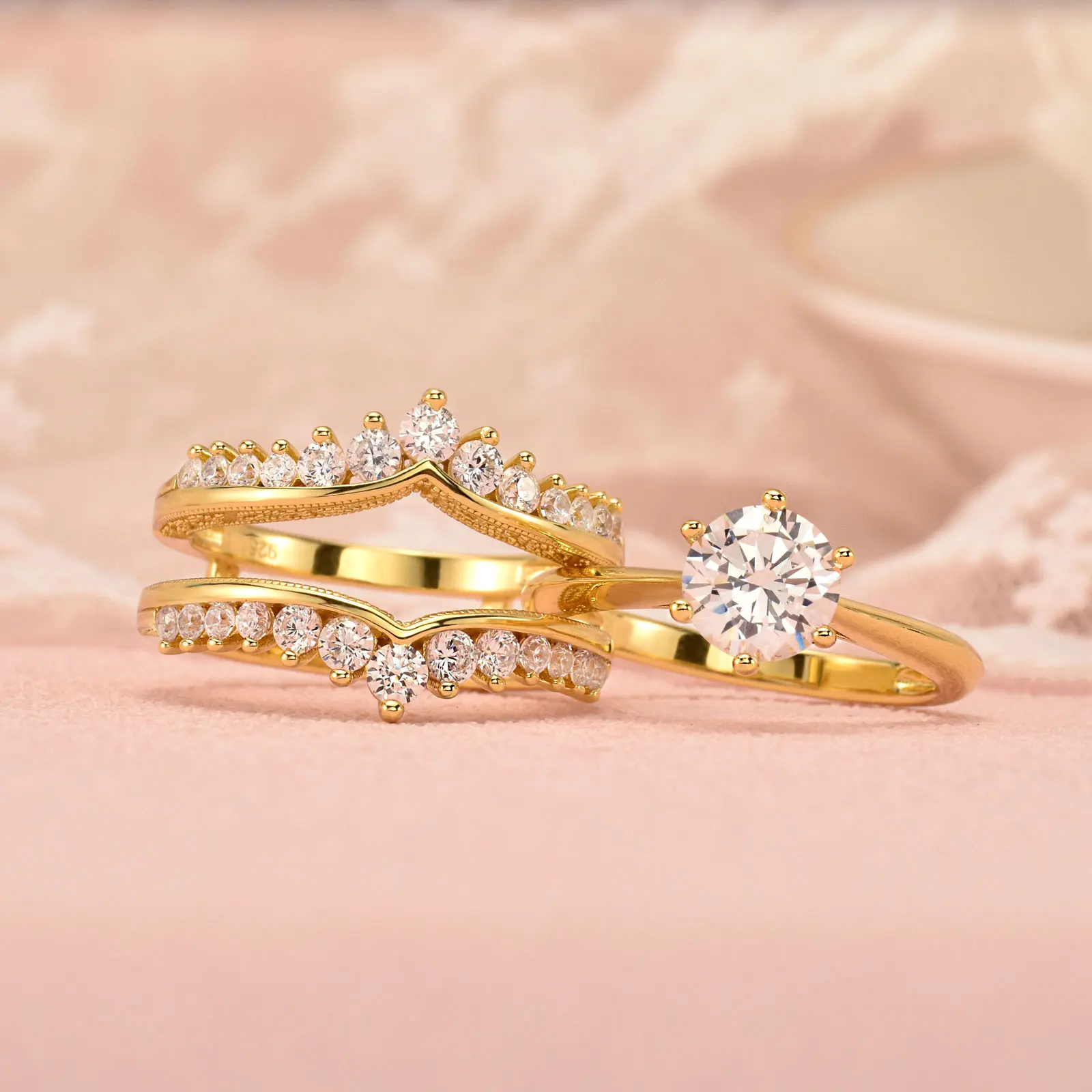 Newshe-Conjunto de anillos de novia de oro amarillo de 14k para mujer, corte redondo de 2 quilates, circonita cúbica AAAAA, banda de aniversario de compromiso de boda BR1167_Y