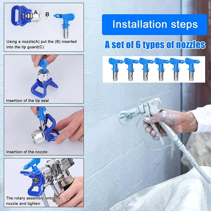 6Pc Airless Paint Nozzles Set Spray Tips Reversible Airless Blue With 2Pc Nozzle Seats For Airless Sprayer