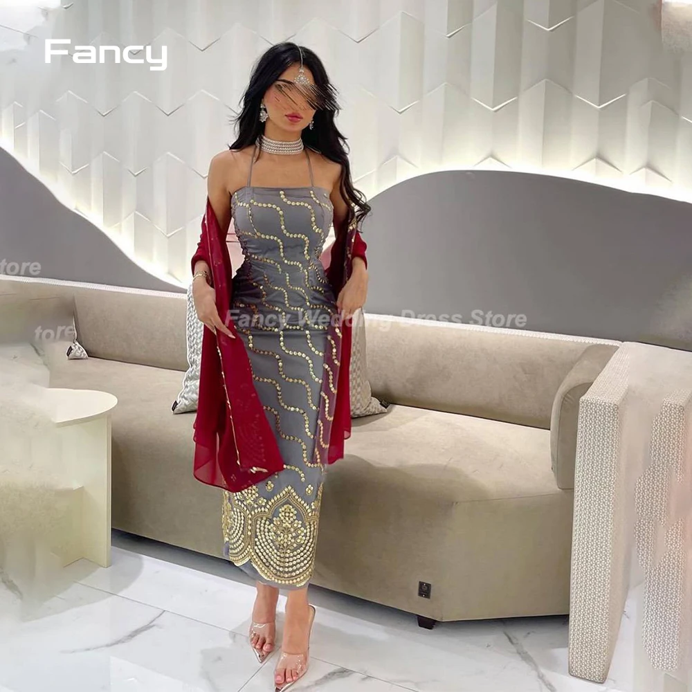 Fancy Graceful Halter Saudi Arabia Evening Dress Golden Decoration Prom Gown Red Shawl Ankle Length Formal Occasion Dresses