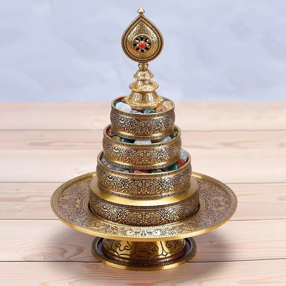 Tibetan Pure Copper Eight Auspicious Symbols Mandala Plate, Nepalese Carved Mandala Set, Gem‑Inlaid Offering Tray for Buddha