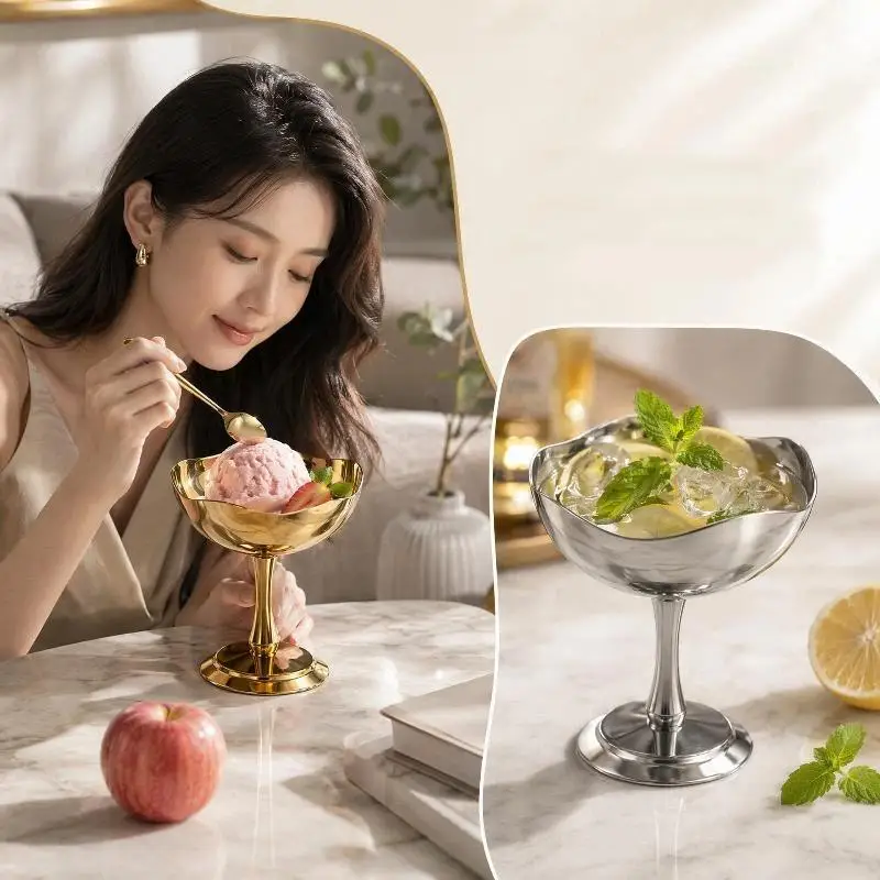 Stainless Steel Snack Goblet Food Contact Safe Rustproof Bowl for Family Dinner Ice Cream Salad Fruit Dessert Serving