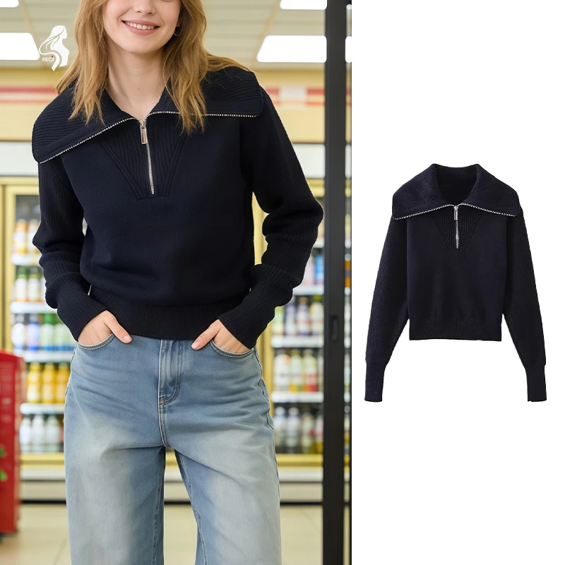 

Womens Oversized Collar Zipper Knit Sweater Short Long Sleeve Autumn And Winter Cool Casual Commuter Top Woman Clothes Tops