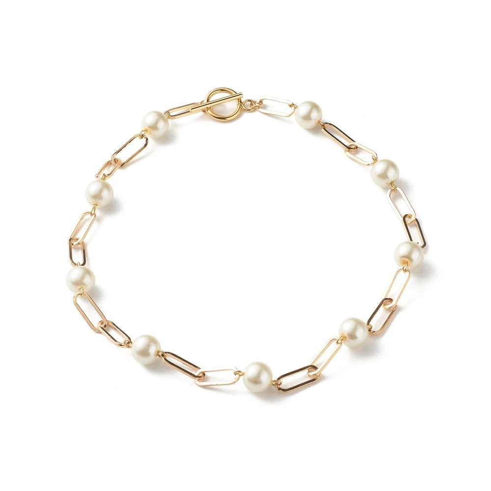 

Glass Pearl Beaded Necklaces, with Iron Paperclip Chains, Golden, White, 16.30 inch(41.4cm)