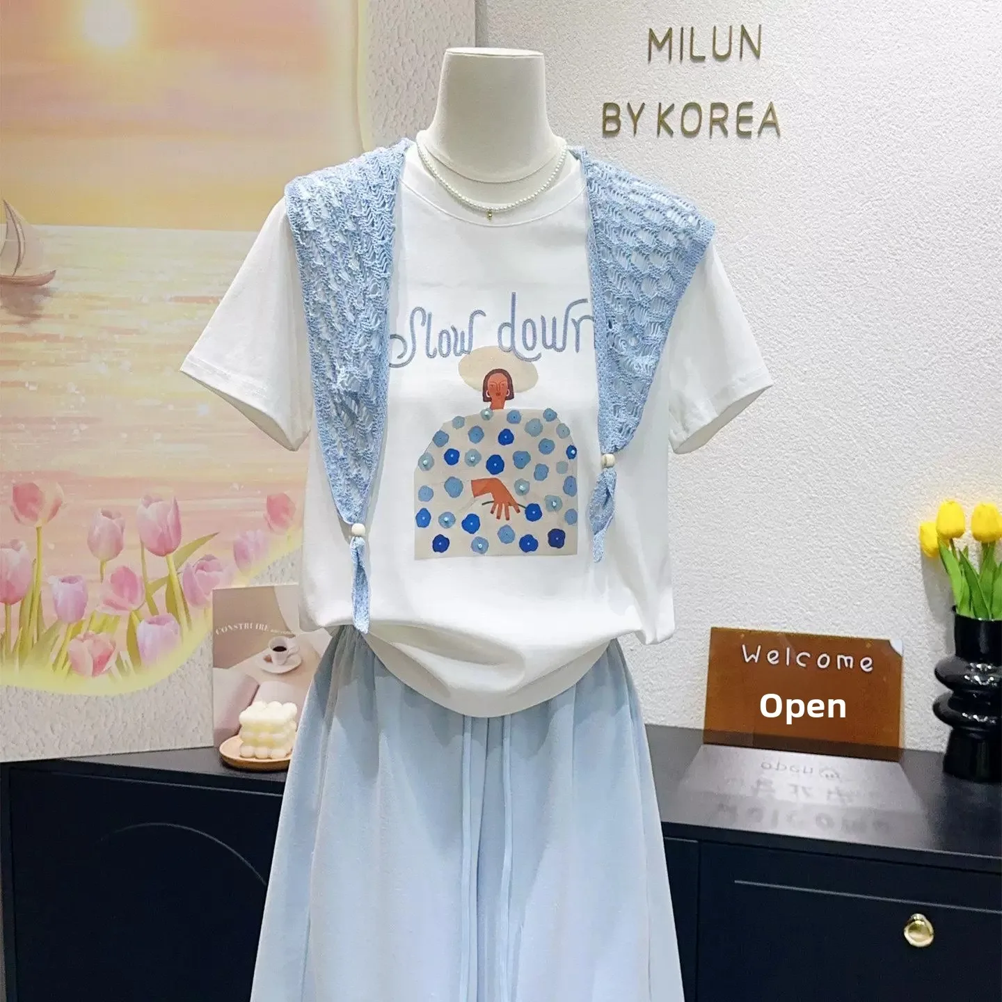 plus Size Women's Summer T-Shirt Set Net Shoulder Wrap Short Sleeve round Neck Loose Fit Korean Style Pure Cotton Breathable