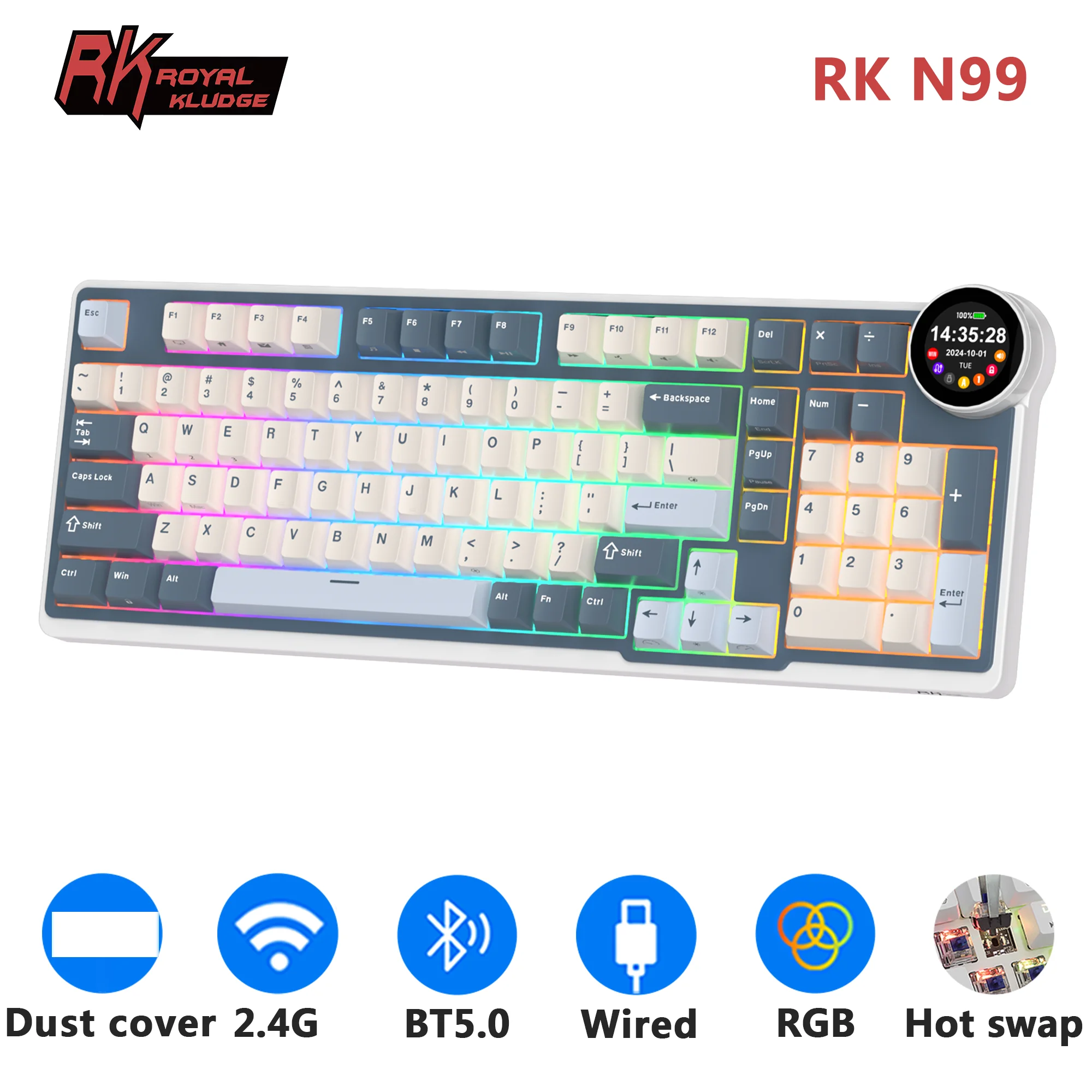 

RK N99 Bluetooth Wireless Mechanical Keyboard 98 Keys PBT Keycaps Knob Display RGB Hot Swappable Gamer Keyboard ROYAL KLUDGE