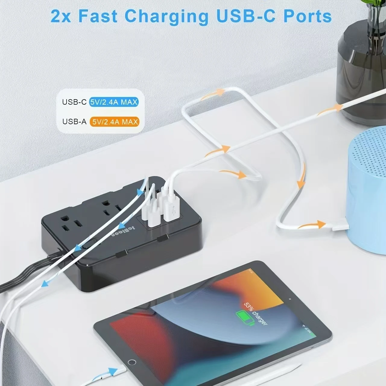 Ultra Thin Flat Plug Extension Cord with 4 USB Ports(2 USB C), 5ft Surge Protector Power Strip, 6 Widely Outlets Extender