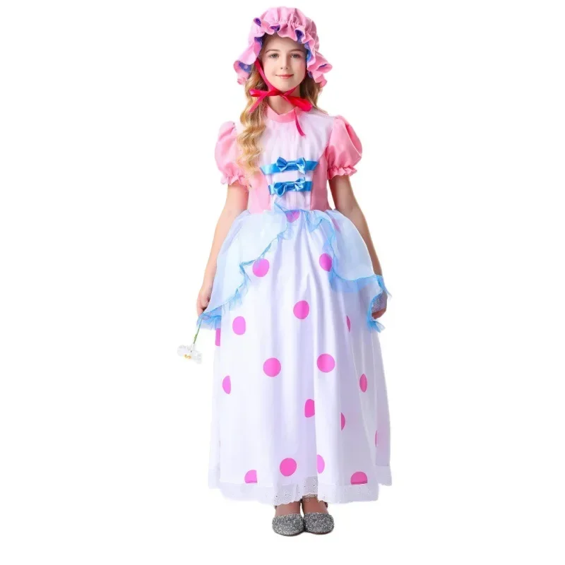 Kid Toy Shepherd Girl Cosplay Anime Story Bo Peep Cartoon Shepherdess Polka Dot Pink Dress with Hat Costume Masquerade Halloween