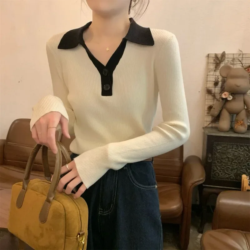 Polo-Ausschnitt Pullover Frauen koreanischen Stil Herbst und Winter Büro Dame Basic Tops schlanke und dünne Langarm Strick pullover weiblich