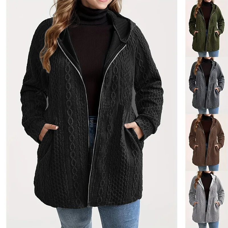 Women's Hooded Zipper Knitted Coat Mid‑Length Cable Texture Loose Pocket Casual Cardigan Autumn Winter Outerwear